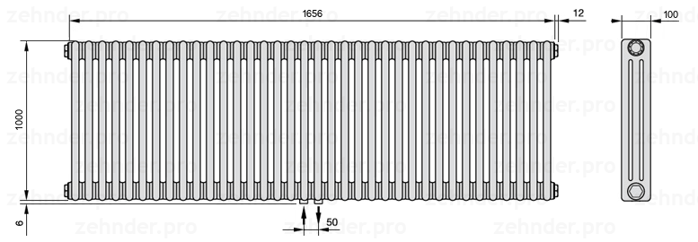 Схема (чертеж) Радиатор Zehnder Charleston 3100/36 №3470 Белый глянцевый RAL 9016
